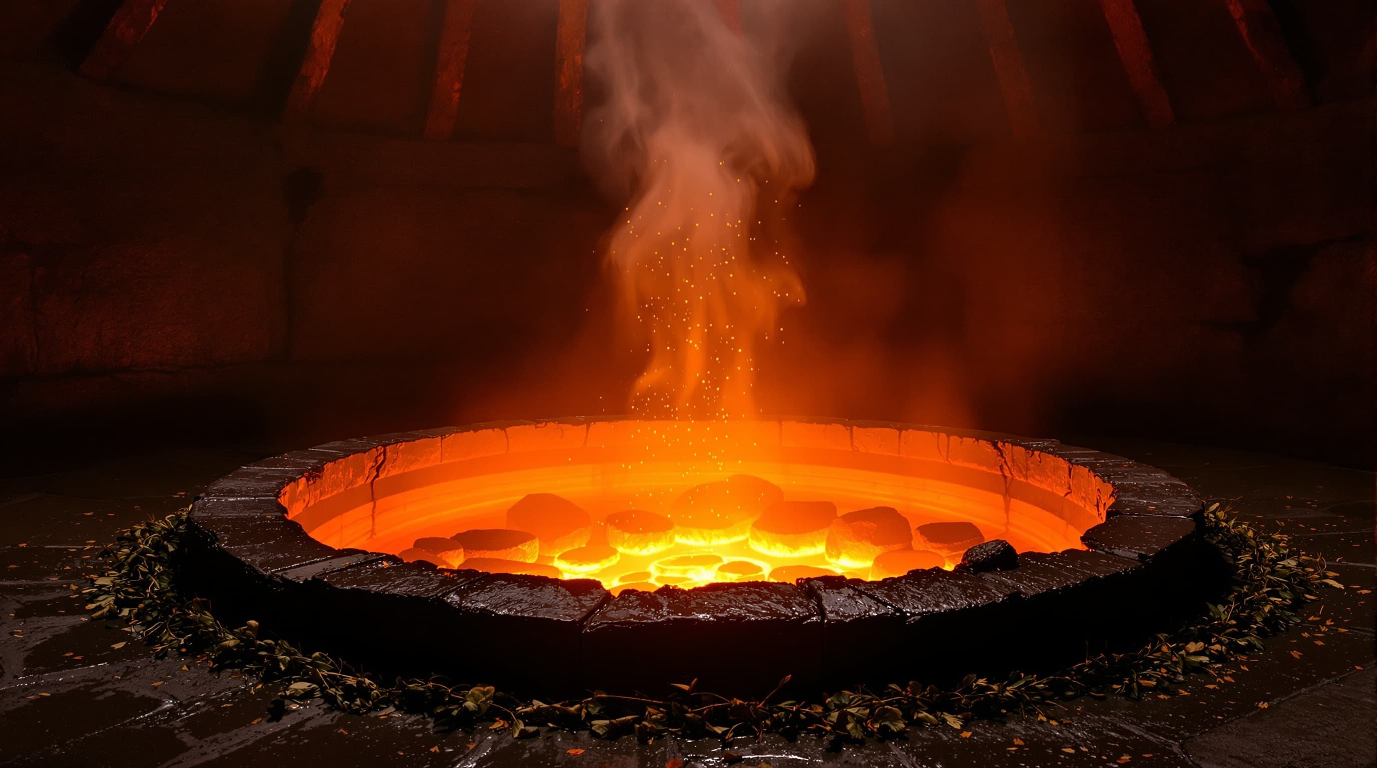 Interior de temazcal con piedras volcánicas incandescentes y vapor de copal