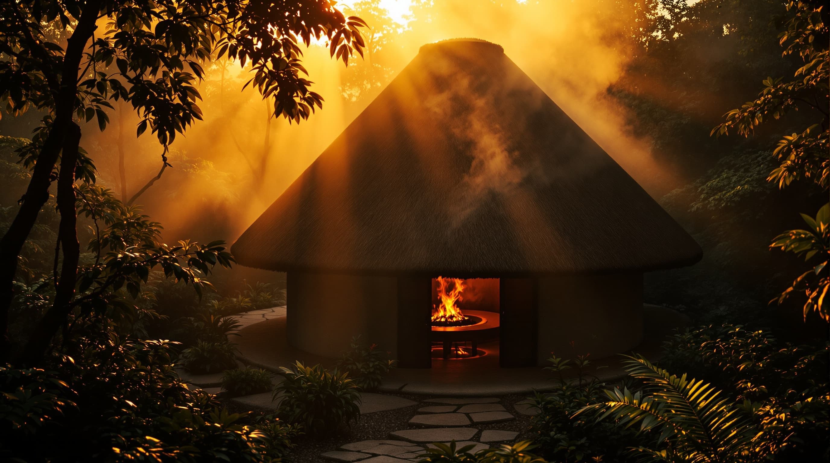 Estructura de temazcal al amanecer con copal